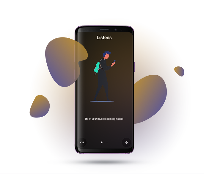 A image of an Android phone with some ListenBrainz style bubbles around it