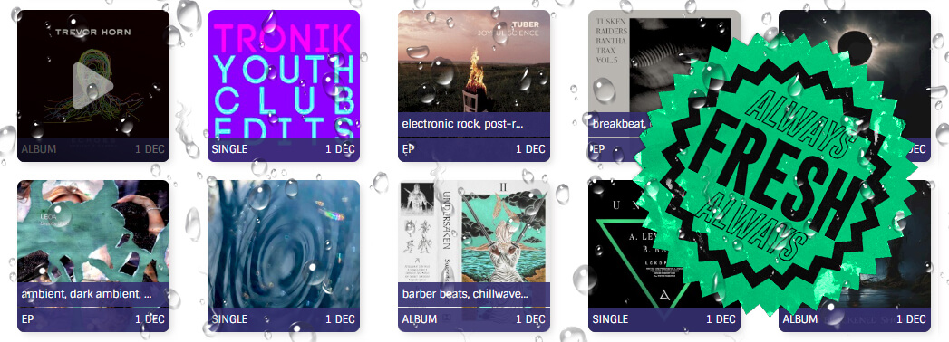 A screenshot of the ListenBrainz Fresh Releases feature, with a sticker on it that says ‘always fresh’, and dew drops over everything