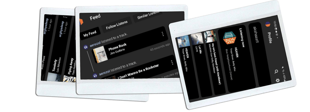 Screenshots of the Listenbrainz Android App, rendered in a mock-Polaroid/photo style.