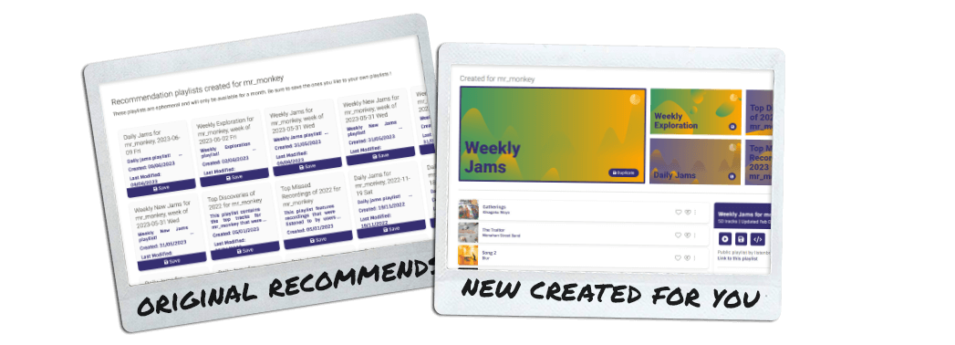 Screenshots of ListenBrainz recommendations, pre redesign and post redesign (now known as created for you), rendered in a mock-Polaroid/photo style.