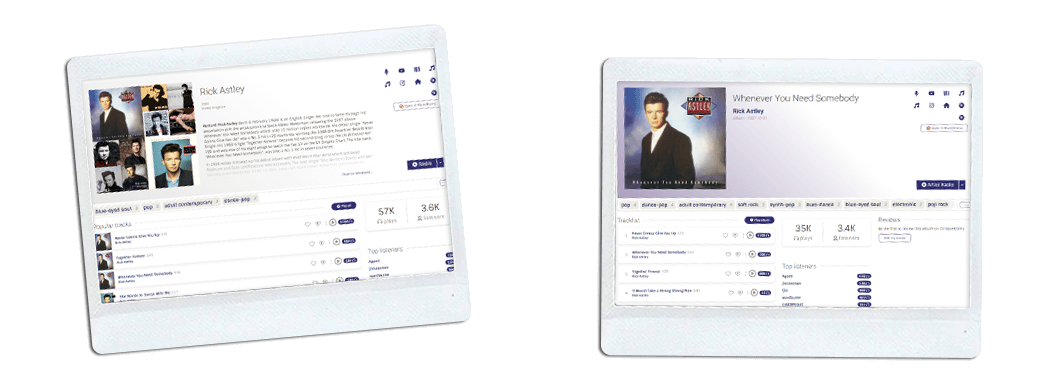 Screenshots of ListenBrainz artist and album pages, featuring Rick Astley, rendered in a mock-Polaroid/photo style.
