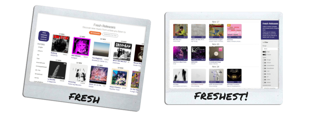 Screenshots of ListenBrainz Fresh Releases, pre redesign and post redesign, rendered in a mock-Polaroid/photo style.