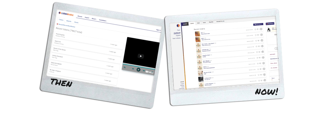Screenshots of ListenBrainz, pre redesign and post redesign, rendered in a mock-Polaroid/photo style.