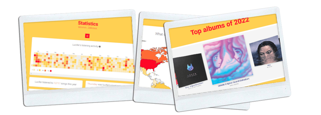 Screenshots of a Year in Music 2022 page, rendered in a mock-Polaroid/photo style.