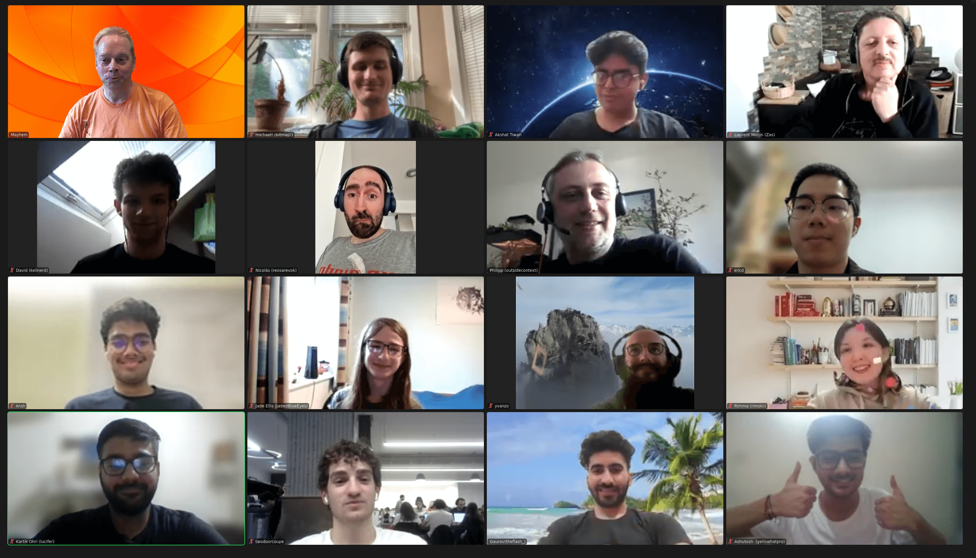 A screenshot of a video chat, with 16 lovely participants visible.