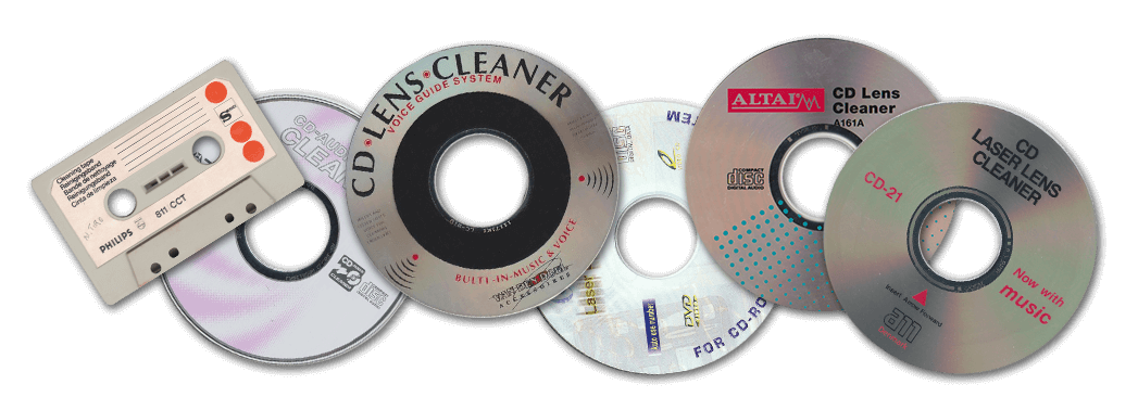 Scans of various head cleaning discs and cassettes, laid over each other.