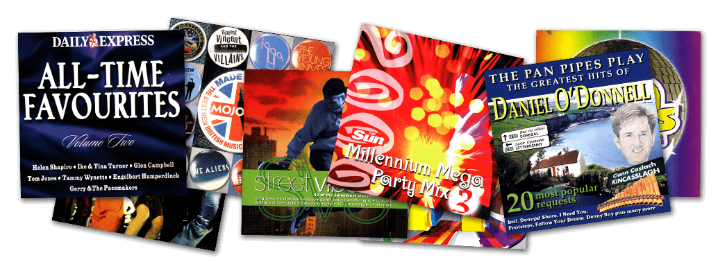Scans of various CD covers, including Daily Express: All-Time Favourites Volume Two, The Sun: Millennium Mega Party Mix 3, The Pan Pipes Play the Greatest Hits of Daniel O’Donnell.