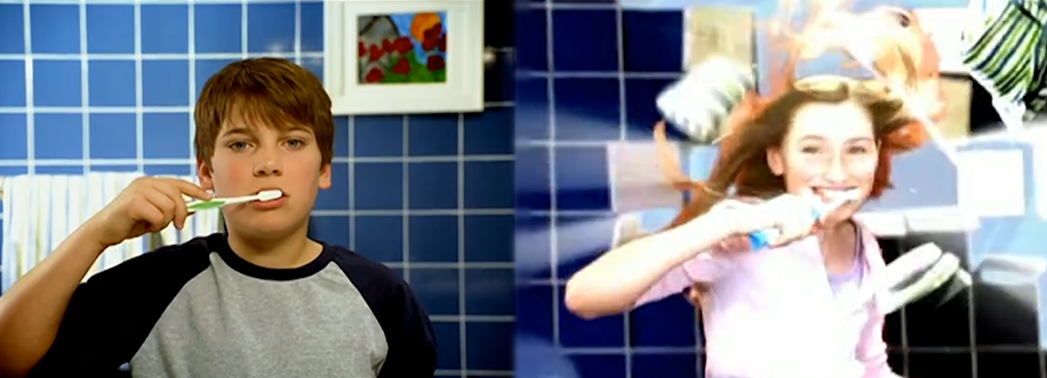 Side by side screenshots from a Tooth Tunes commercial. On the left is a child brushing their teeth, looking bored. On the right is a child brushing their teeth with a cavalcade of imagery flying around behind them, their hair being blown back, looking happy, and a bright light shining in their face. It looks like quite a time.