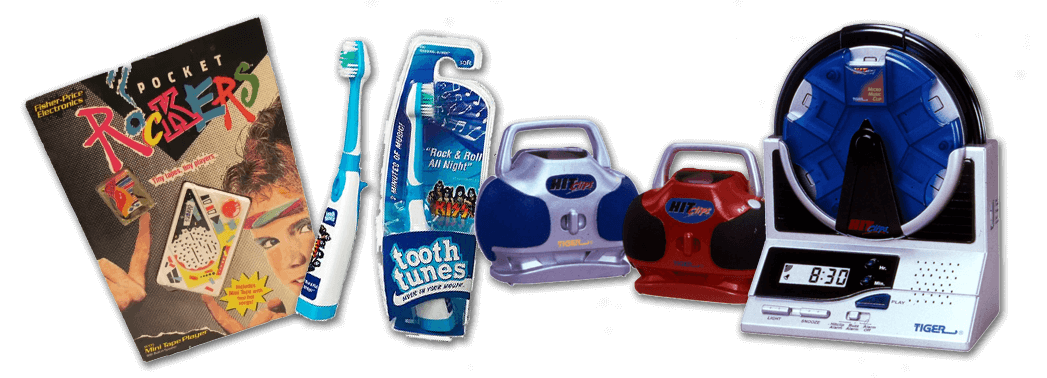 Cut out photos of Pocket Rockers, Tooth Tunes, and Hit Clip products.