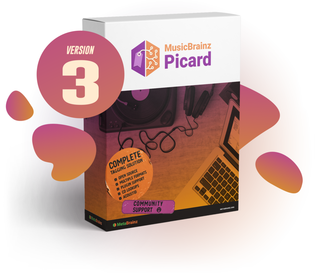 An image of a mock software cardboard box, showing "MusicBrainz Picard" as the title. There are two worn-out looking stickers visible on the box, one saying "Complete Tagging Solution", one "Community Support".

Beside the box there is a pink / orange circle with the text "Version 3".