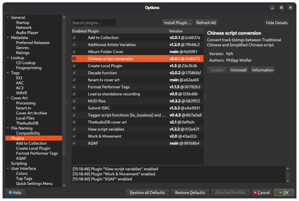 Screenshot of the new Plugins options page, showing the list of currently installed plugins and a more detailed description of the selected one.