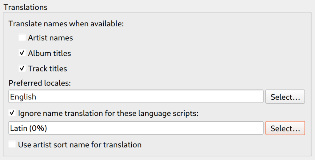 Screenshot of a part of the Metadata options page showing the new options to select if and when to translate artist names as well as album and track titles.