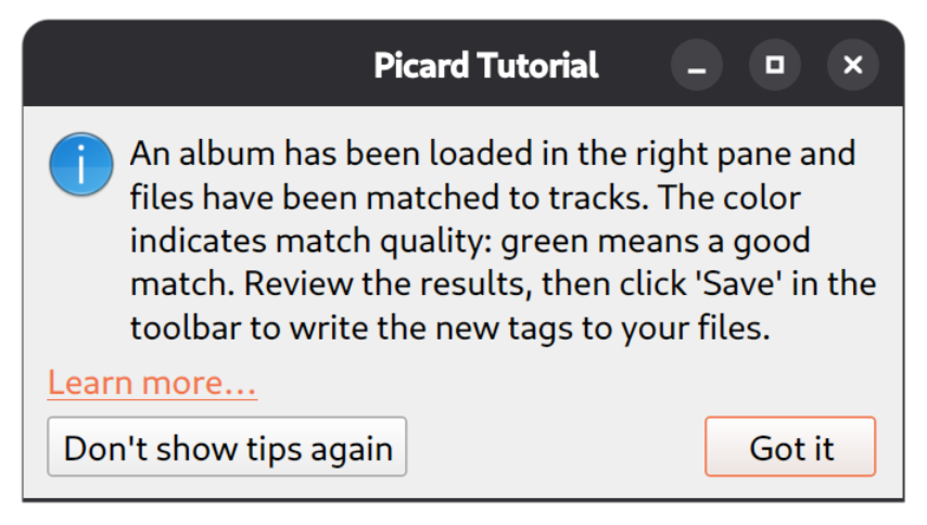 Screenshot of one of the tutorial pop-ups Picard shows when certain actions happen for the first time. In this case it shows the tutorial being shown when a release is loaded for the first time.